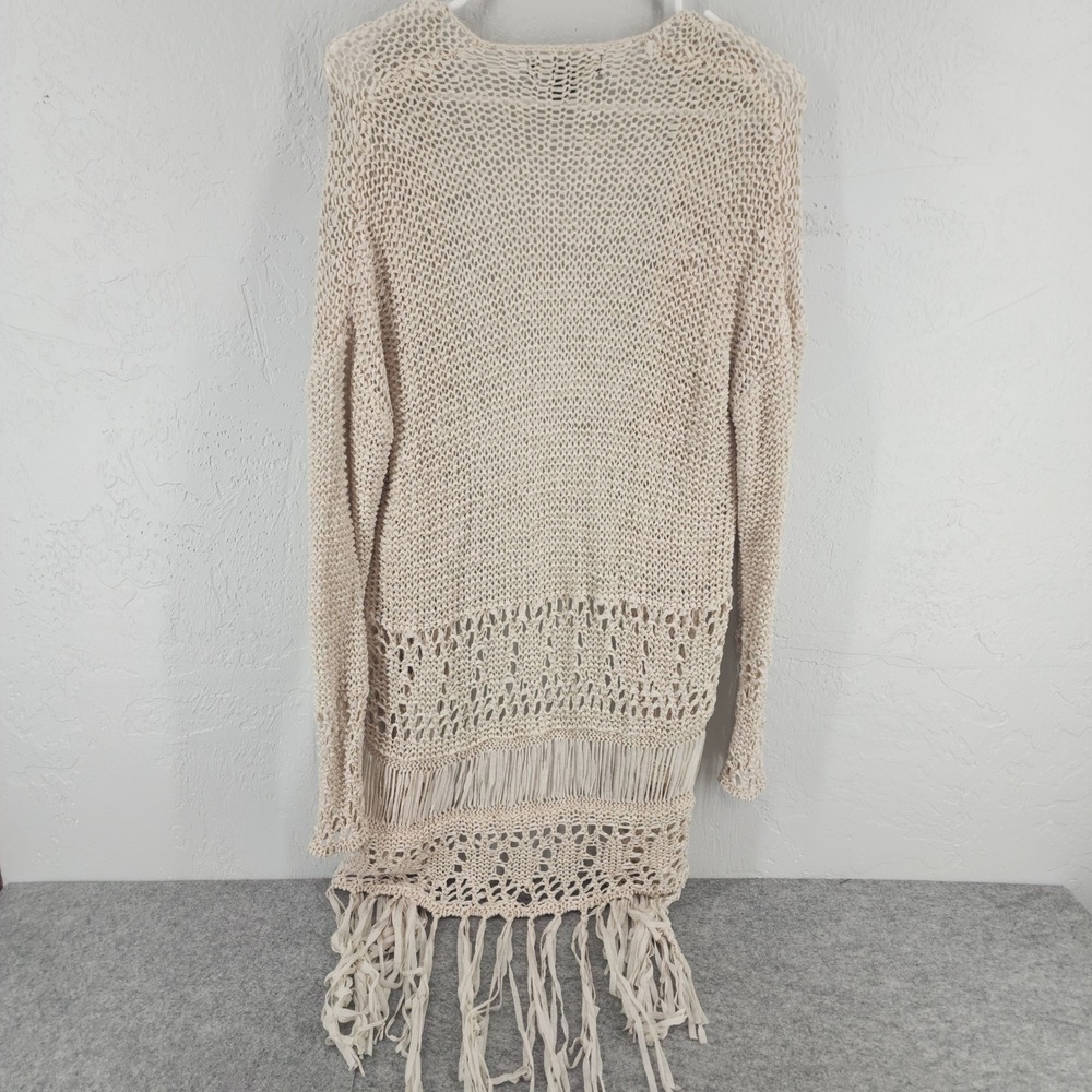 Cream Open Knit Fringe Hem Longline Cardigan Boho Womens Small Coastal Festival - Picture 4 of 5